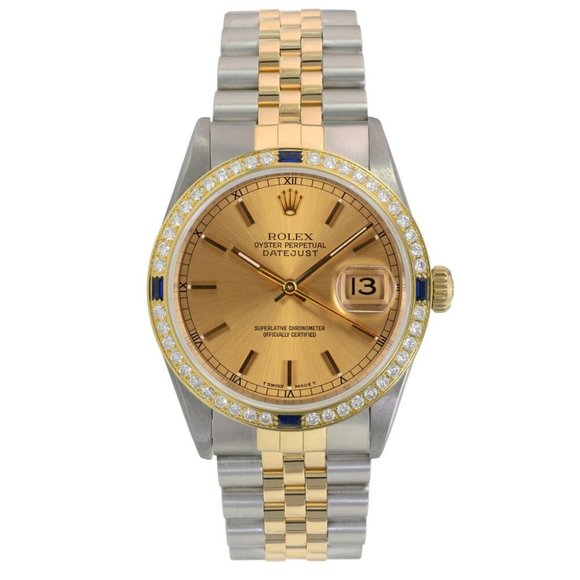ROLEX DATEJUST CHAMPAGNE INDEX-ROMAN DIAL DIAMOND-SAPPHIRE JUBILEE TWOTONE 16233 - Picture 2 of 7